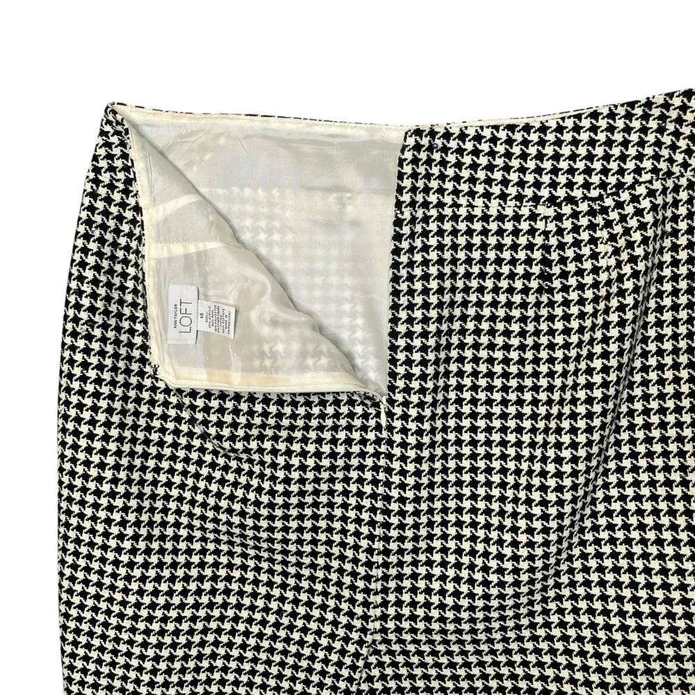 Ann Taylor Loft Houndstooth Pencil Skirt Wool Blend Size 14 Belted Knee‎ Length